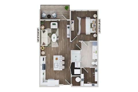 Floor plan for 1 bed, 1 bath, 742 sqft